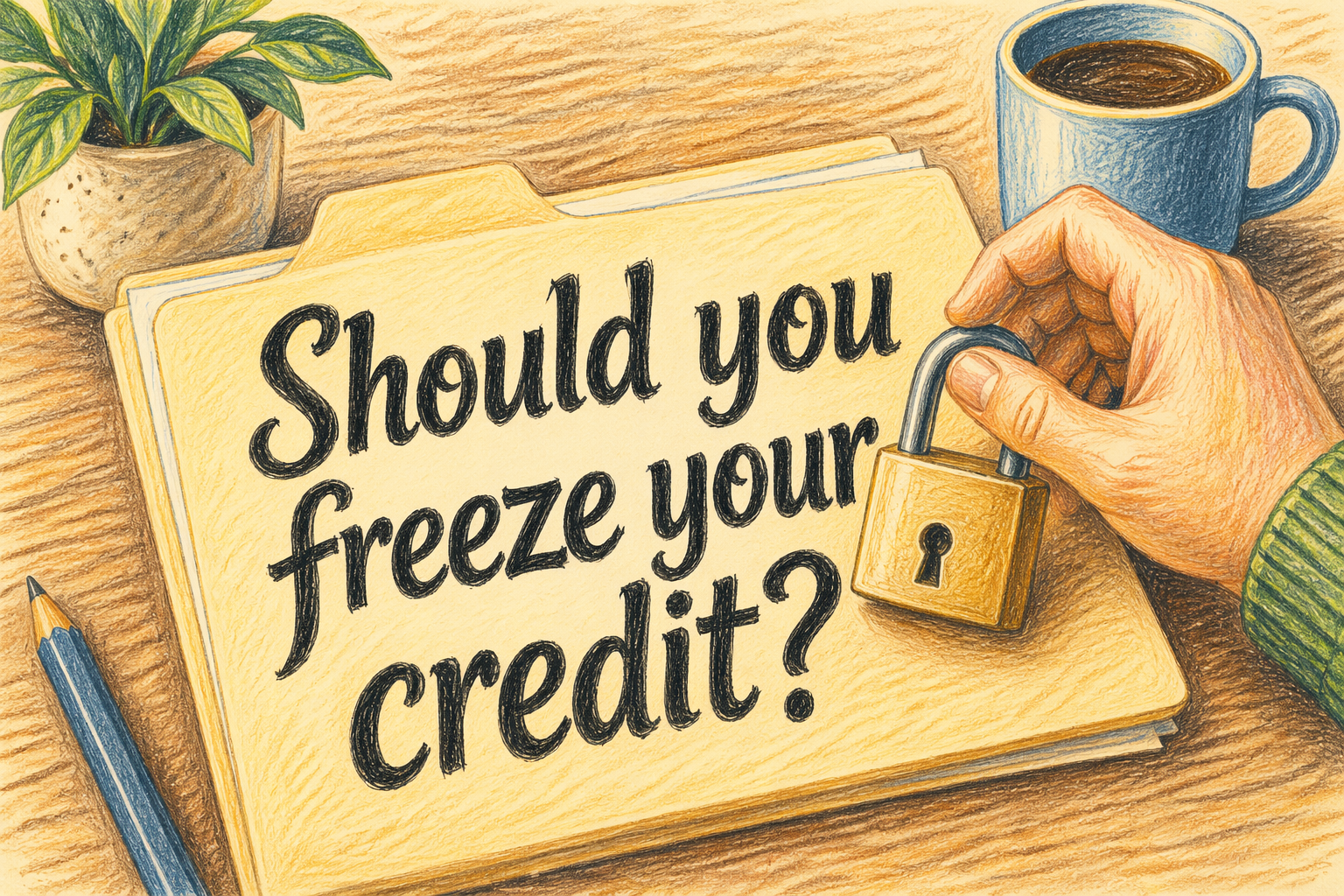 Colored pencil illustration of a padlock placed on a folder on a wooden desk, representing a credit freeze