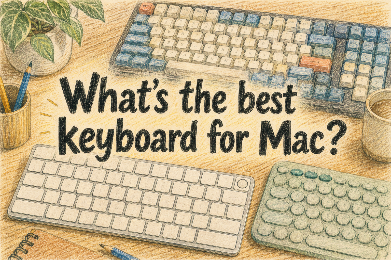 Colored pencil illustration of several keyboards on a wooden desk, including an Apple Magic Keyboard and a mechanical keyboard with visible keycaps