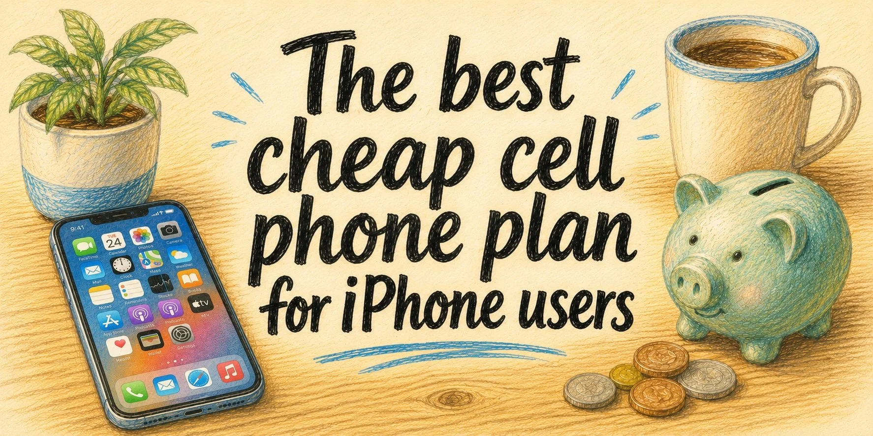 A colored pencil sketch of an iPhone and a piggy bank with a stack of coins on a table. The caption reads "The best cheap cell phone plan for iPhone users"