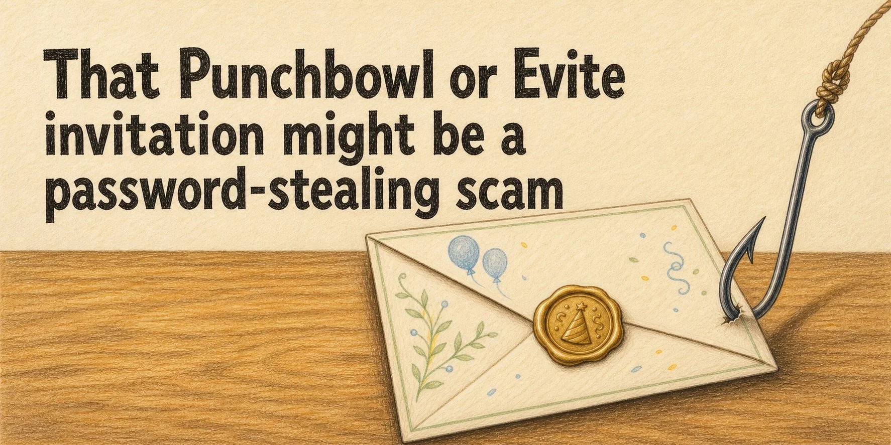 Colored pencil illustration of a party invitation envelope with a fishing hook through it, warning about the fake invitation email scam