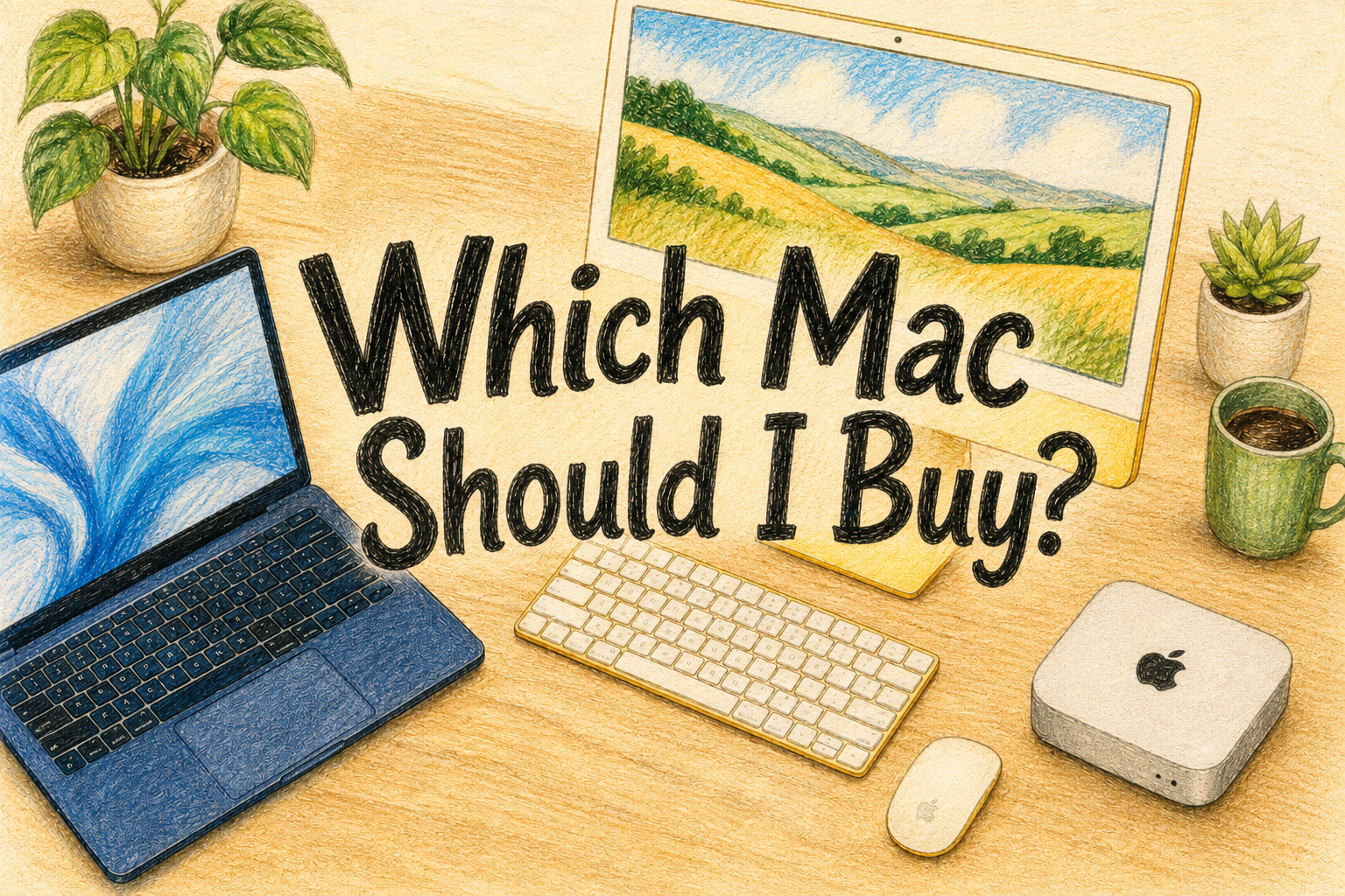 Colored pencil illustration of three Mac computers side by side on a wooden desk with the headline "Which Mac Should I Buy?"