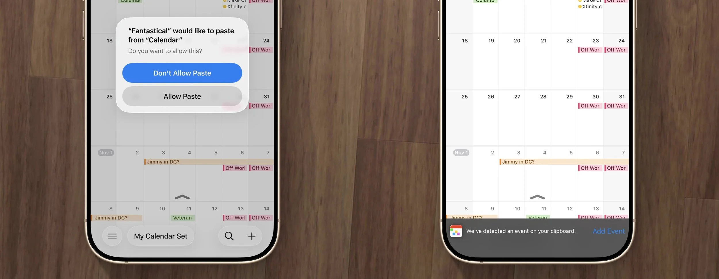 Two iPhone screenshots. One showing the message "Fantastical" would like to paste from "Calendar" With Don't Allow Paste & Allow Paste buttons. The second screenshot is Fantastical with a banner: "We've detected an event on your clipboard"