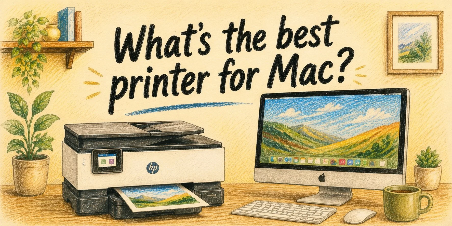 An HP inkejet printer on a table next to an iMac with the banner "What's the best printer for Mac?"