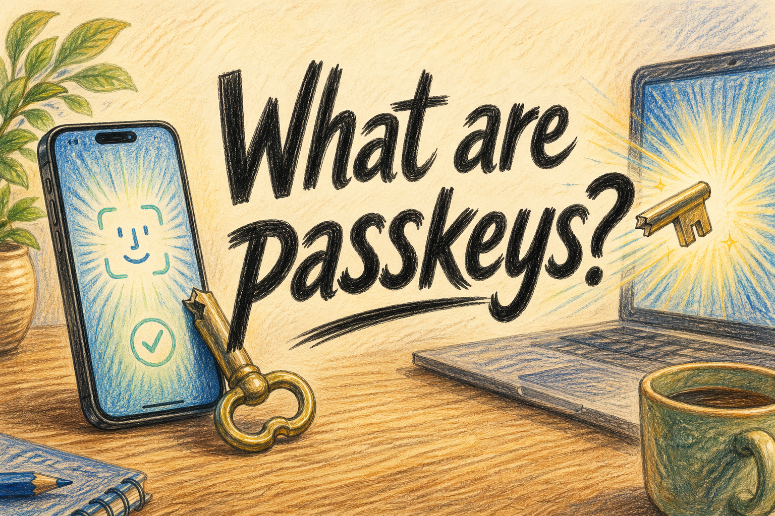 A split key beside an iPhone showing a Face ID prompt, illustrating how passkeys replace passwords