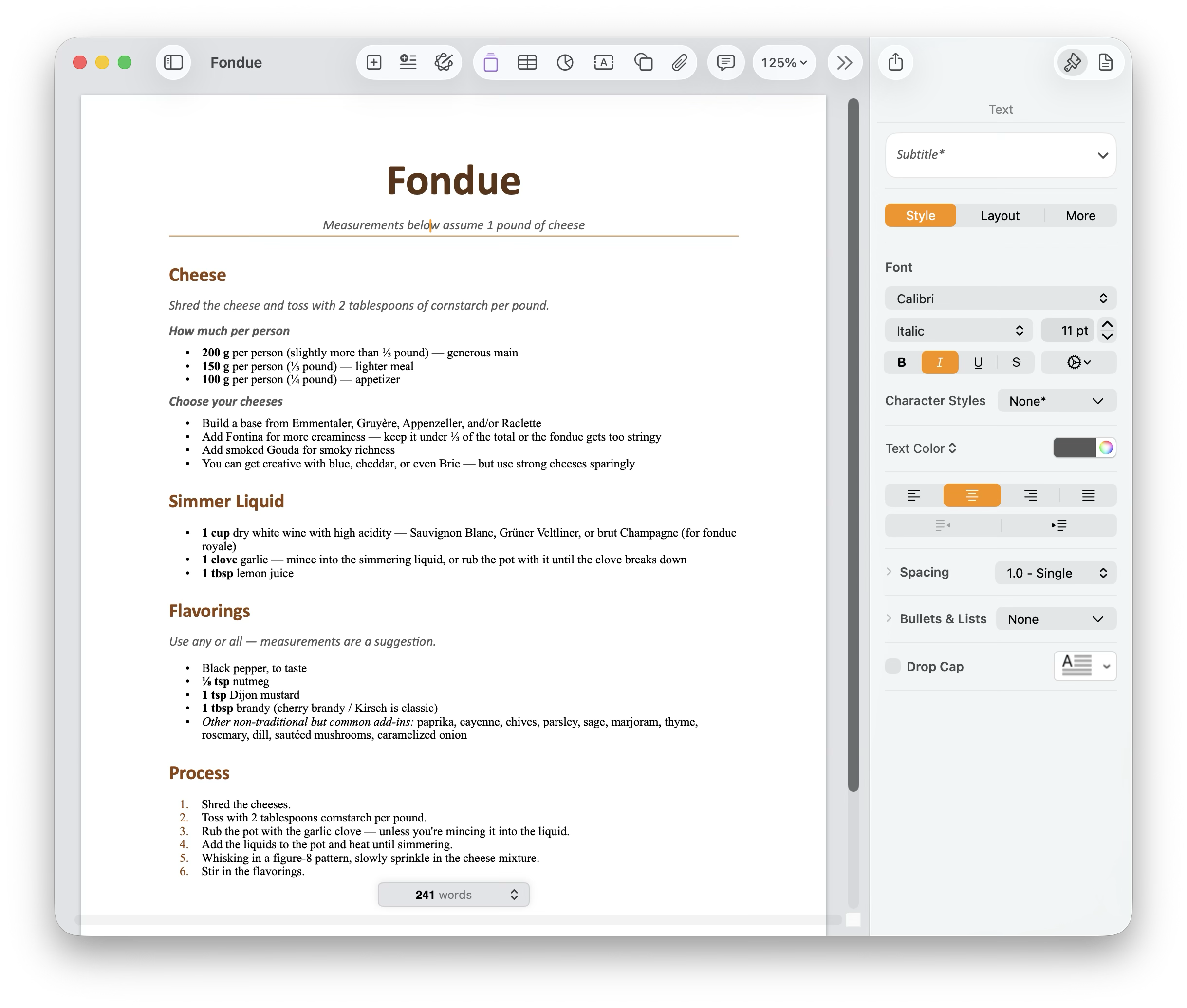 A screenshot of Apple Pages showing a fondue recipe