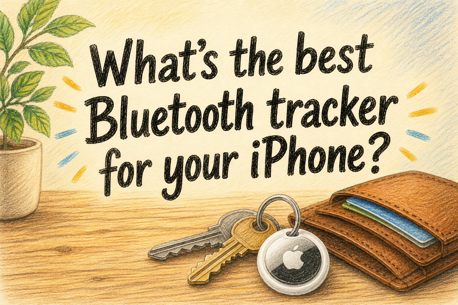 Colored pencil illustration of keys with a round tracker attached, next to an open wallet on a wooden surface