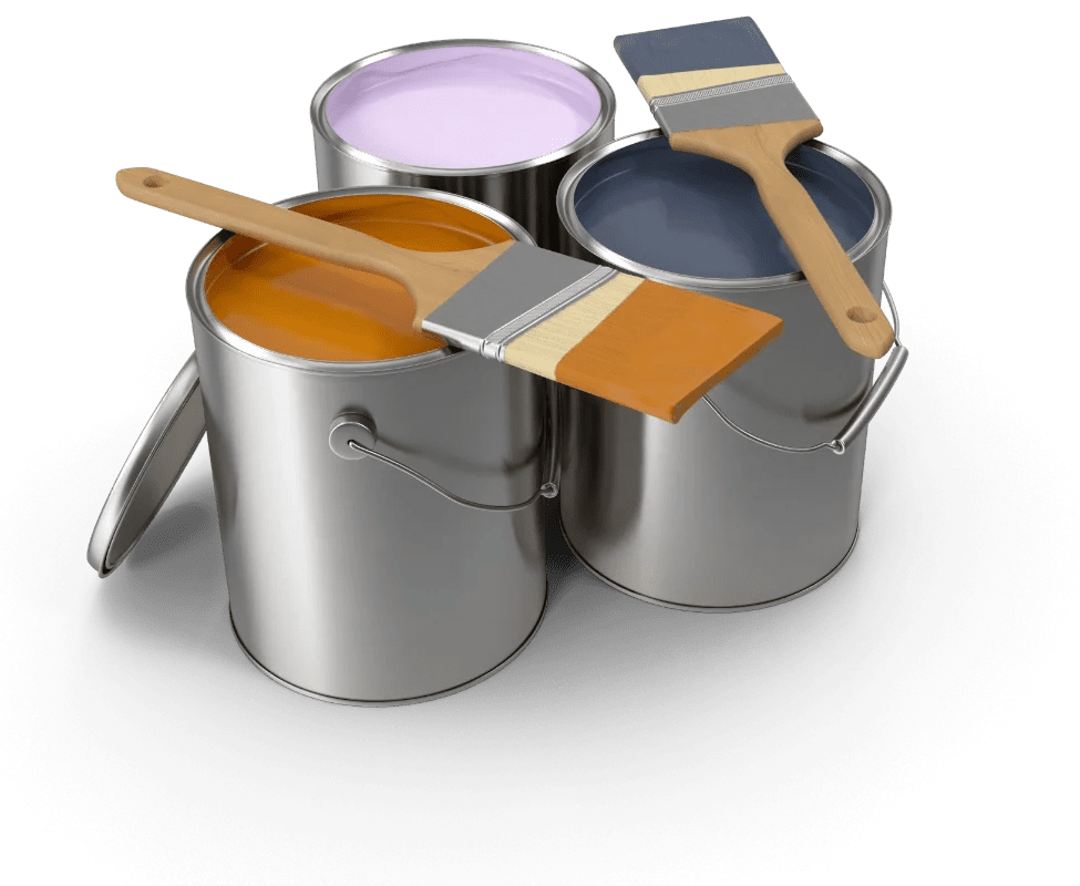 Three open paint cans with paintbrushes resting on top, containing purple, blue, and orange paint.