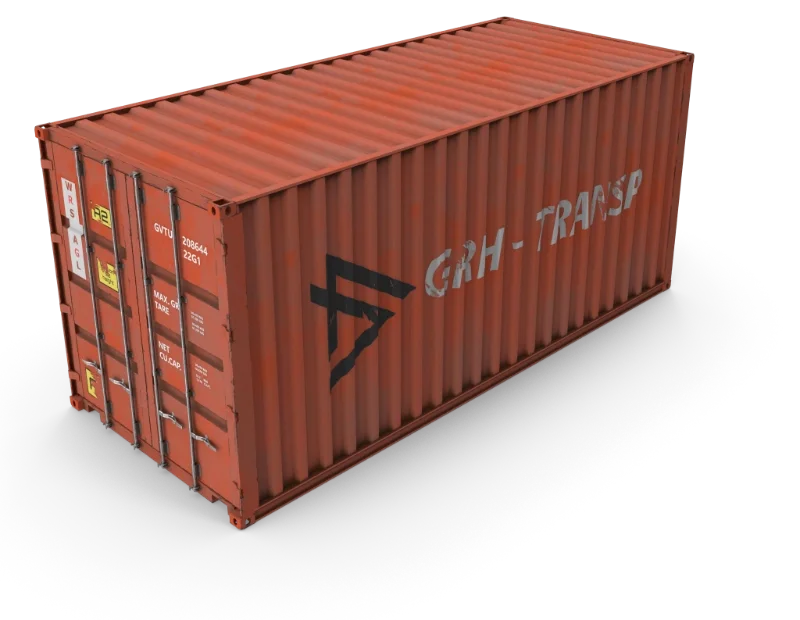 Red shipping container with markings and logo, named 'GRH-TRASP'.