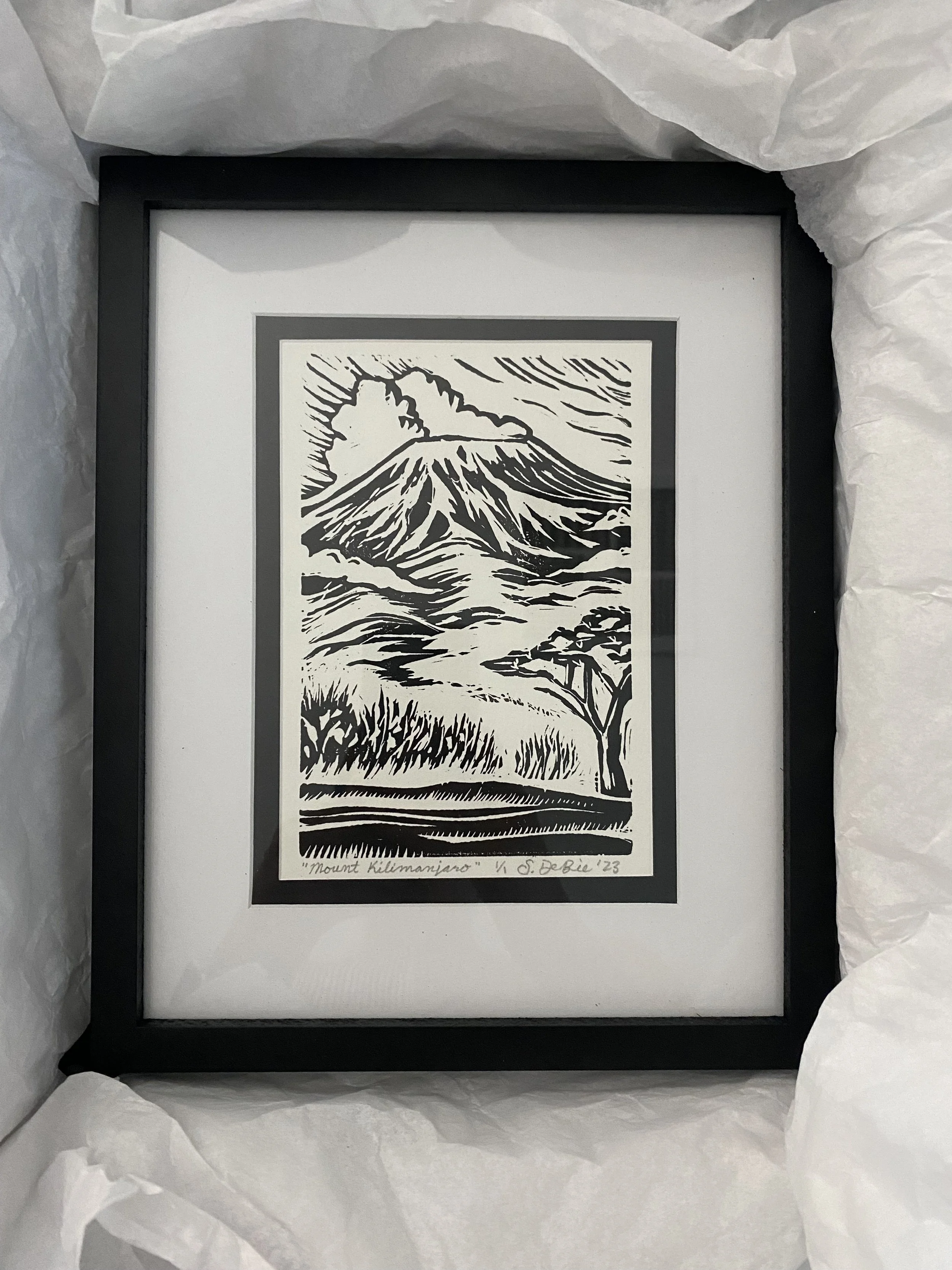 "Mount Kilimanjaro" 
Linocut Print on Paper, 5x7"