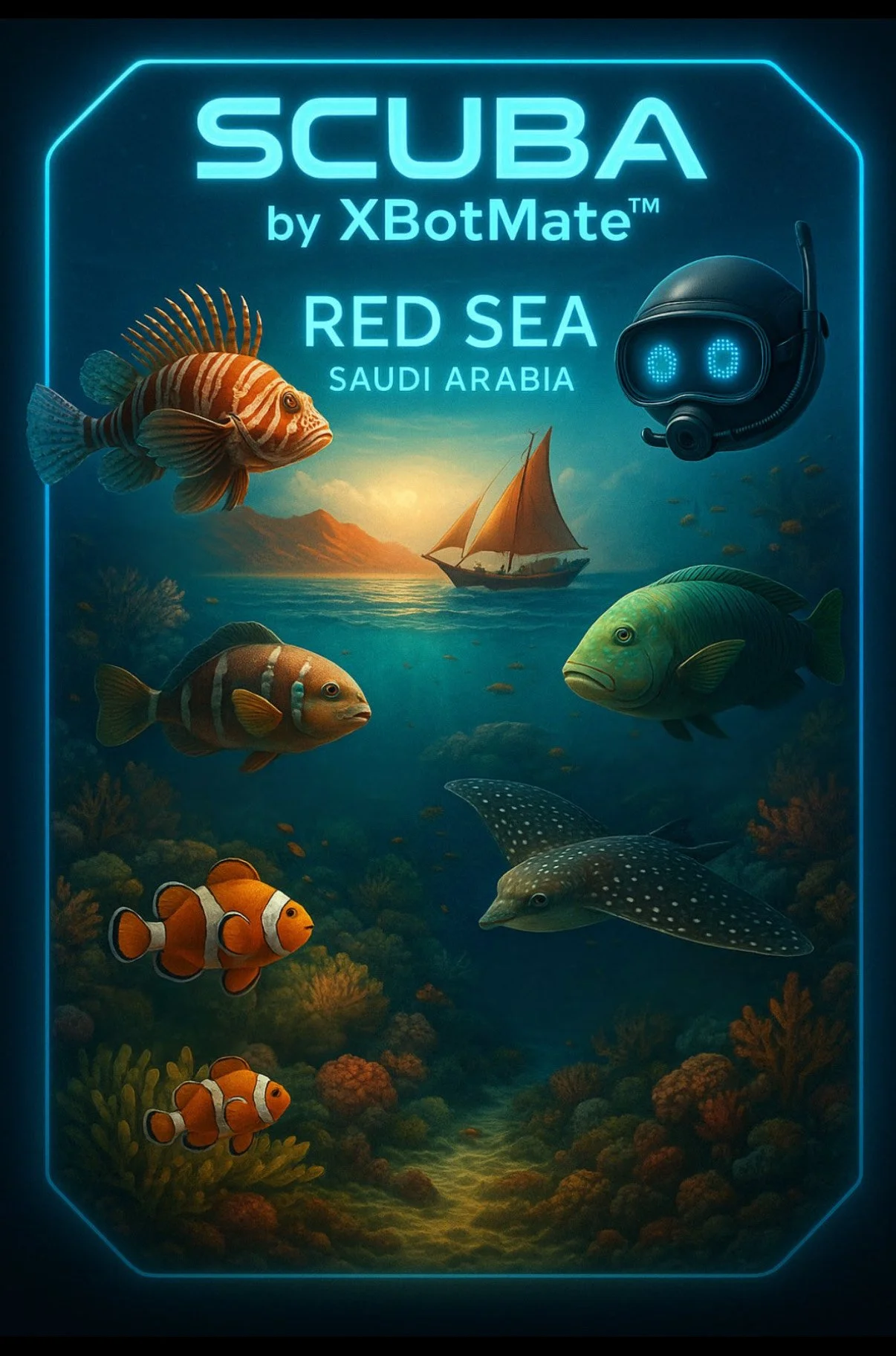 Scuba diving promotional poster for Red Sea, Saudi Arabia by XBotMate, featuring tropical fish and a coral reef underwater scene.