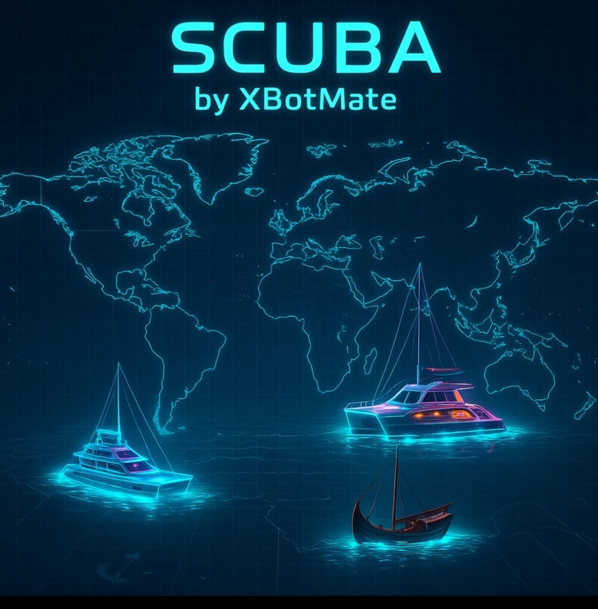 Digital map with glowing boats and "SCUBA by XBotMate" text
