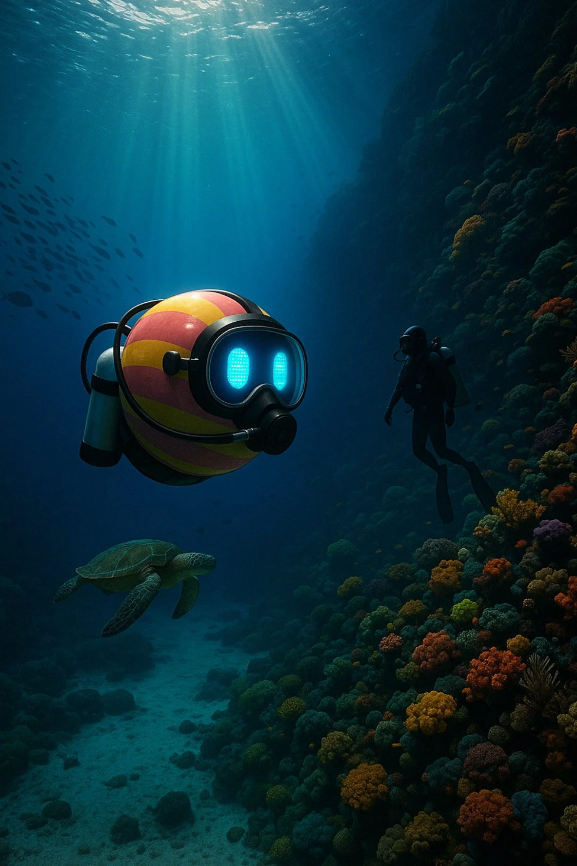 Scuba diver observing a cartoonish, colorful underwater robot and a sea turtle near a coral reef, with light filtering through the water.
