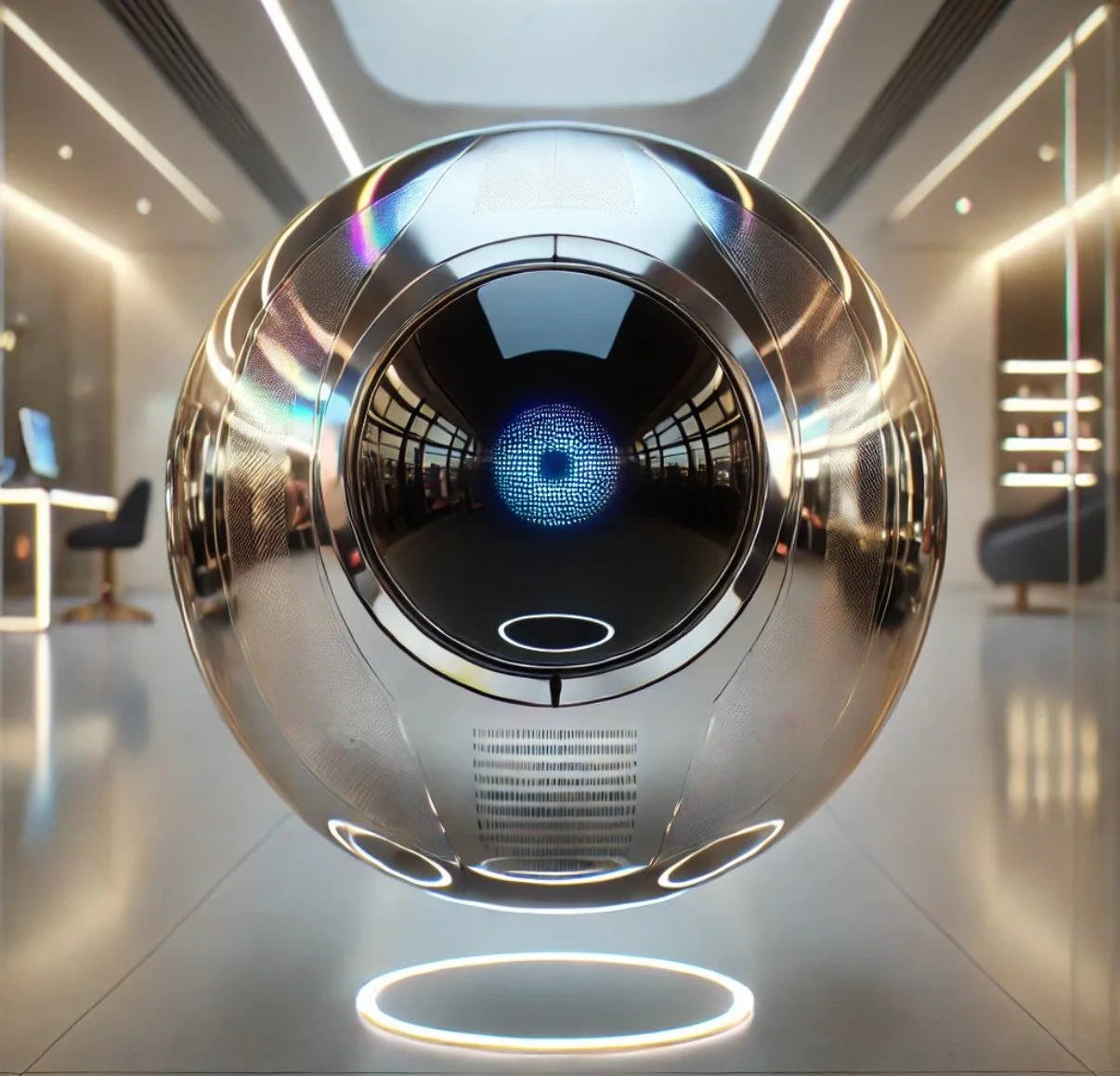 Futuristic floating robot with a reflective metallic sphere and blue glowing elements in a modern interior setting.