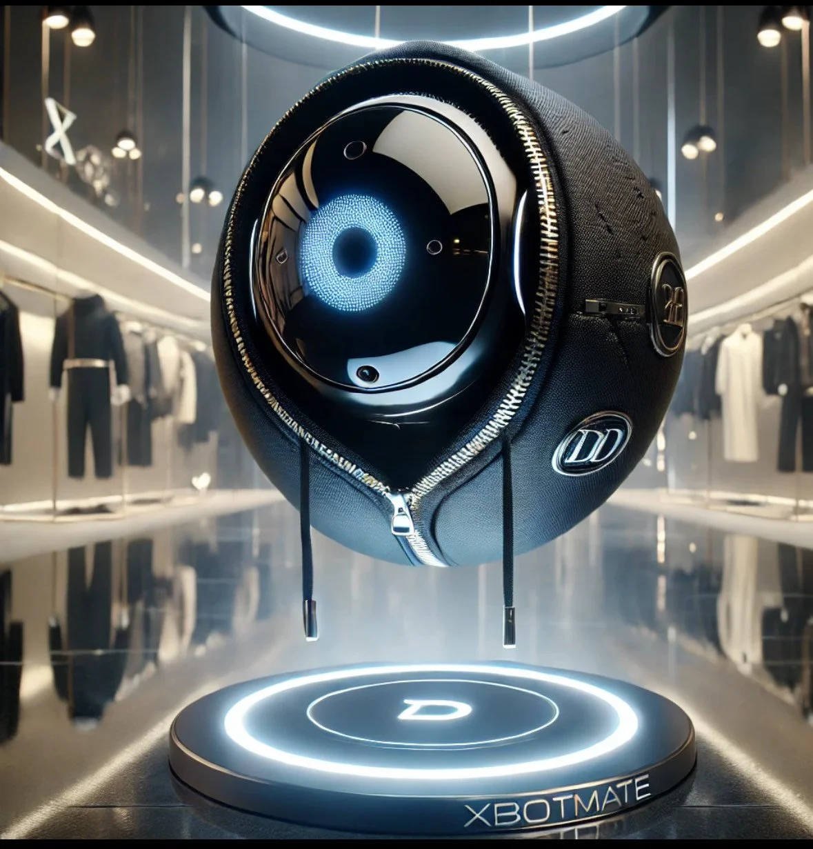 Futuristic robotic sphere with a glowing blue eye, floating above a platform in a sleek showroom with clothing on display.