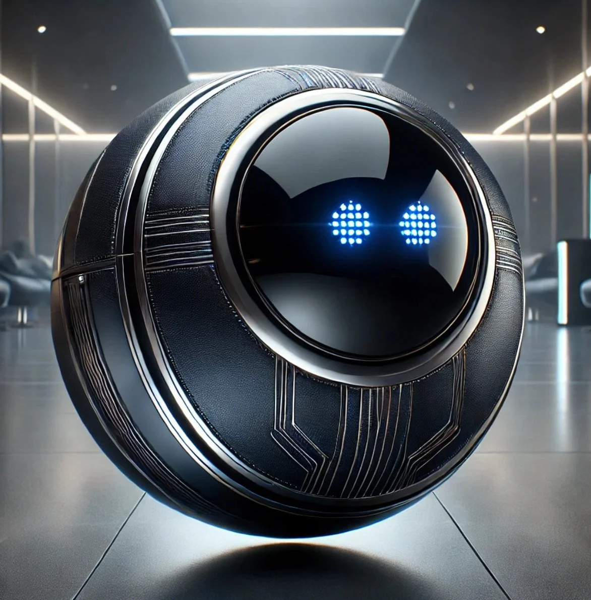 Futuristic spherical robot with glowing blue eyes in a modern interior setting.