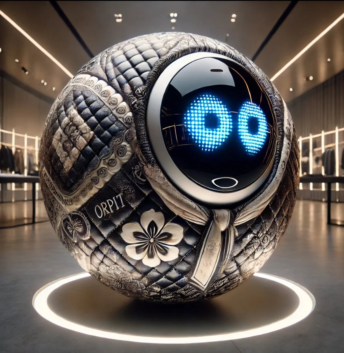 Round robotic device with quilted design and digital eyes on display in a modern showroom.