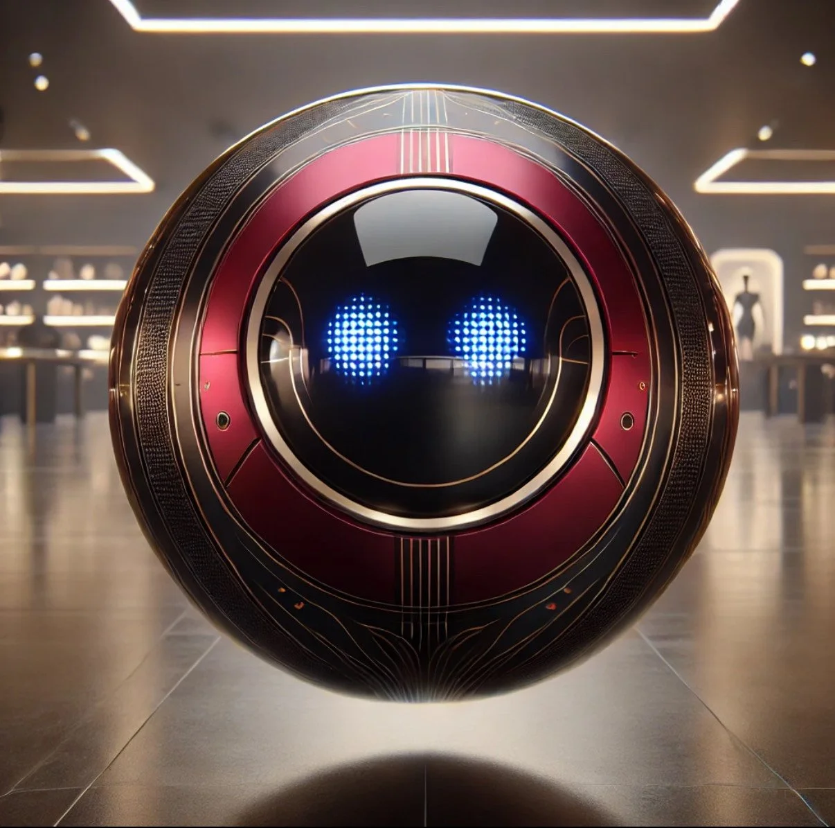 Robotic sphere with blue LED eyes floating in a futuristic showroom.