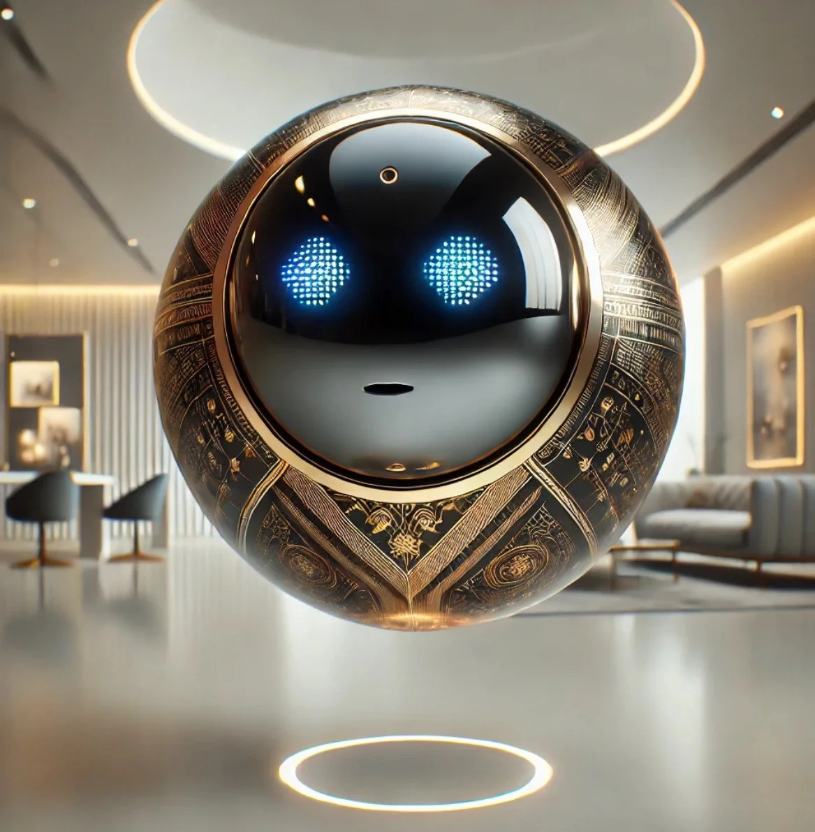 Futuristic floating robot with intricate gold design and blue LED eyes in a modern living room.