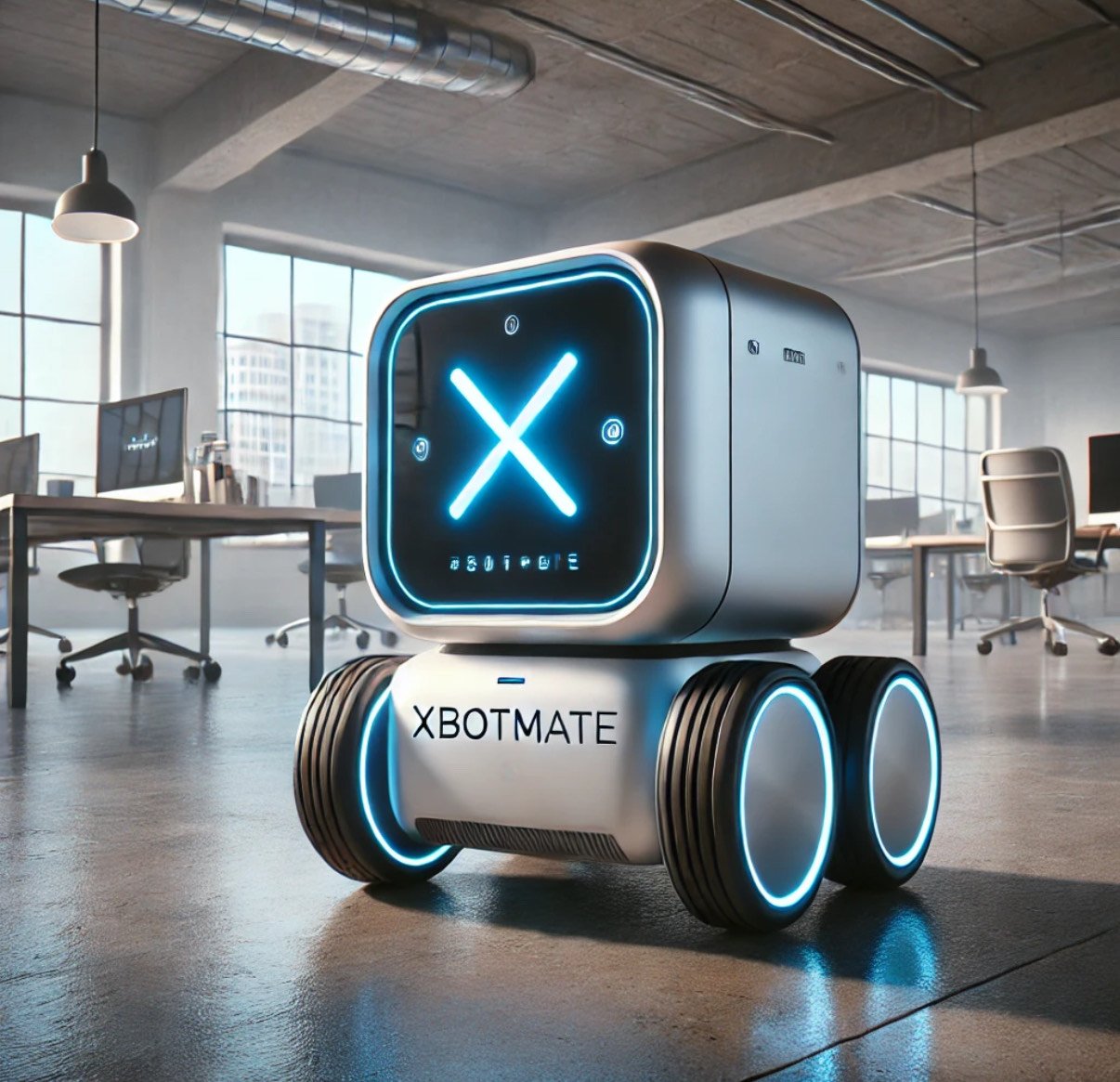 Futuristic robotic assistant named XBotMate with glowing blue lights in a modern office environment.