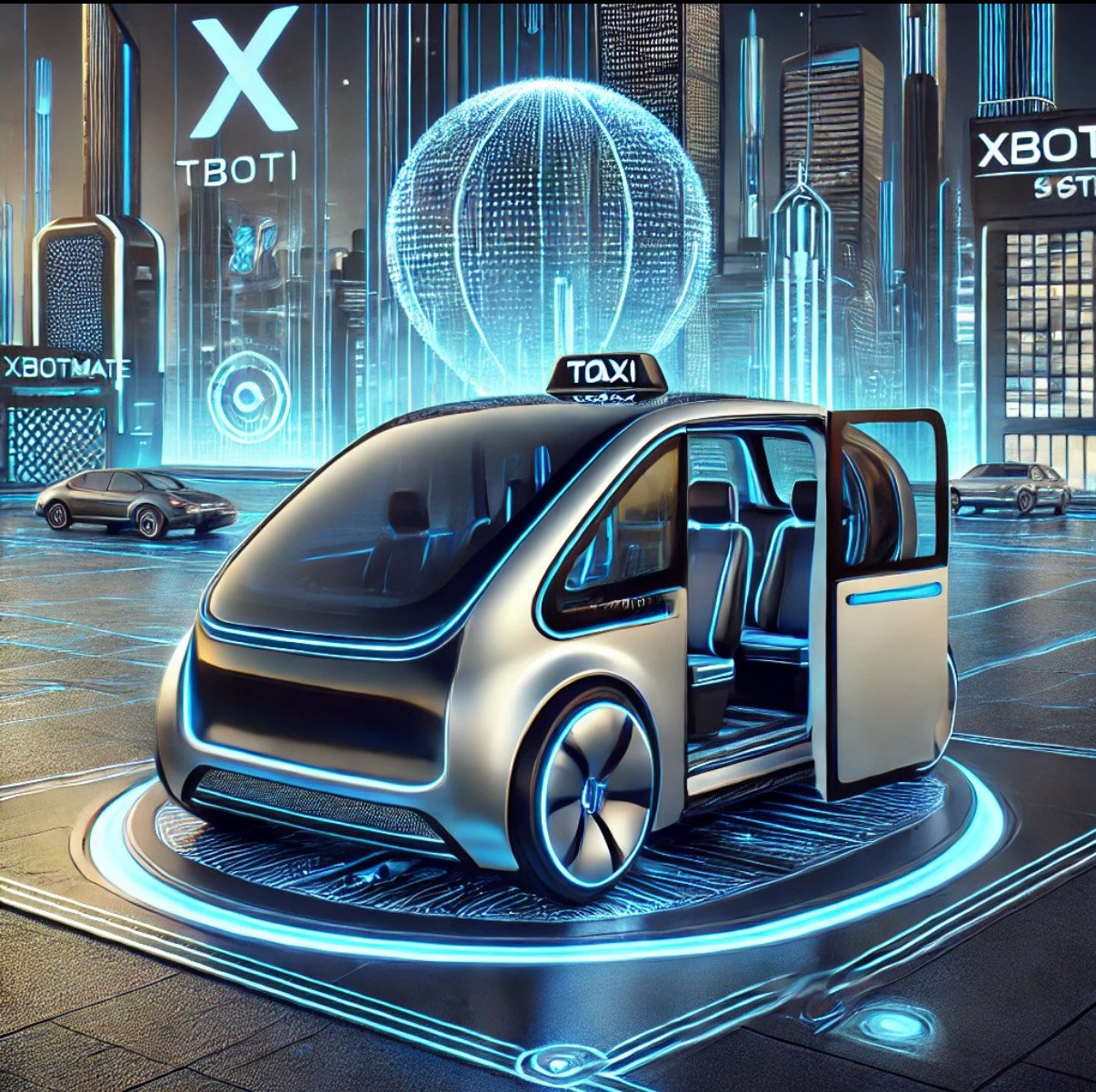 Futuristic taxi in a sci-fi cityscape