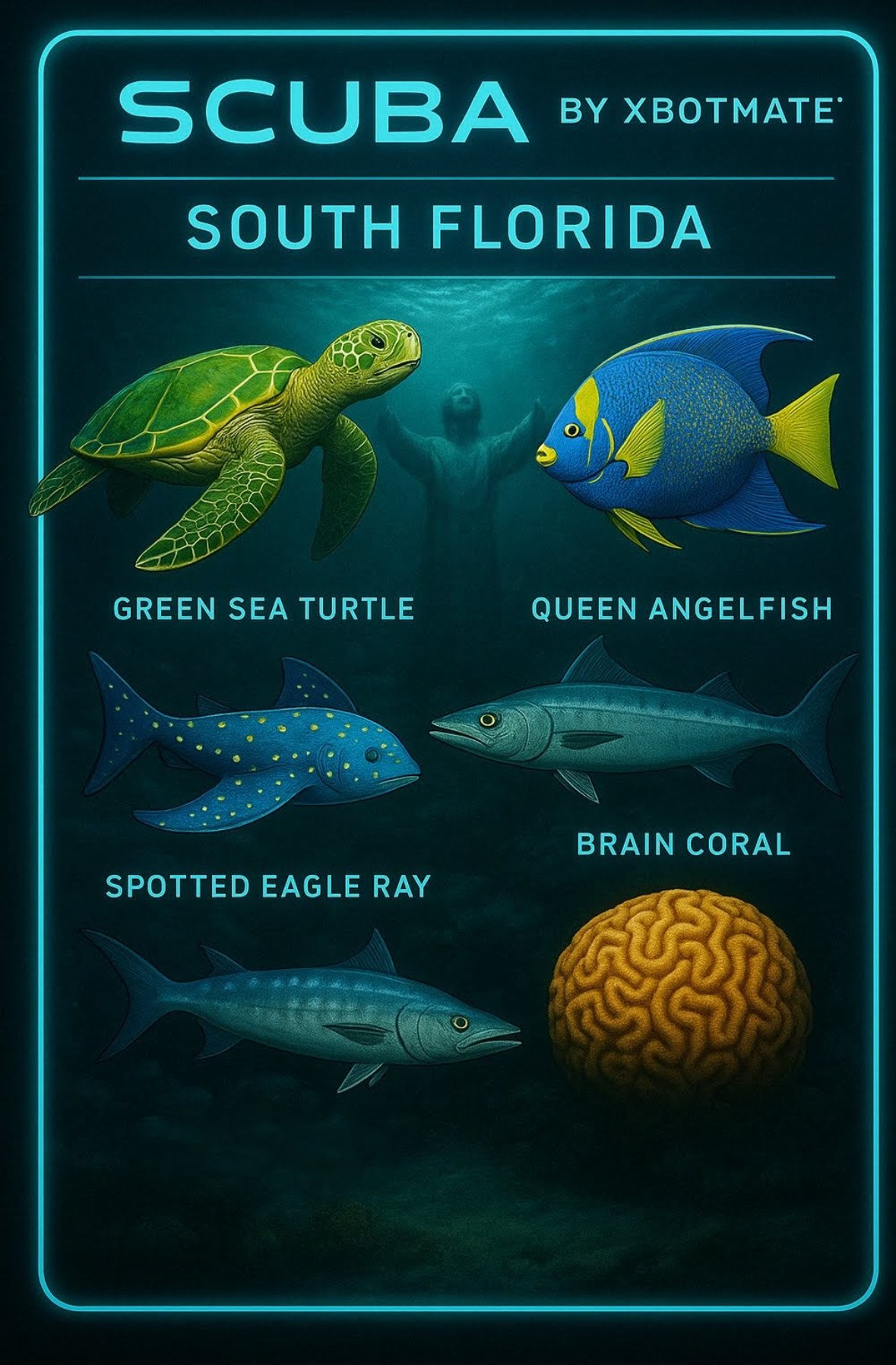 Illustration of marine life in South Florida featuring a green sea turtle, queen angelfish, spotted eagle ray, barracuda, and brain coral. Text reads 'SCUBA by XBOTMATE South Florida.'