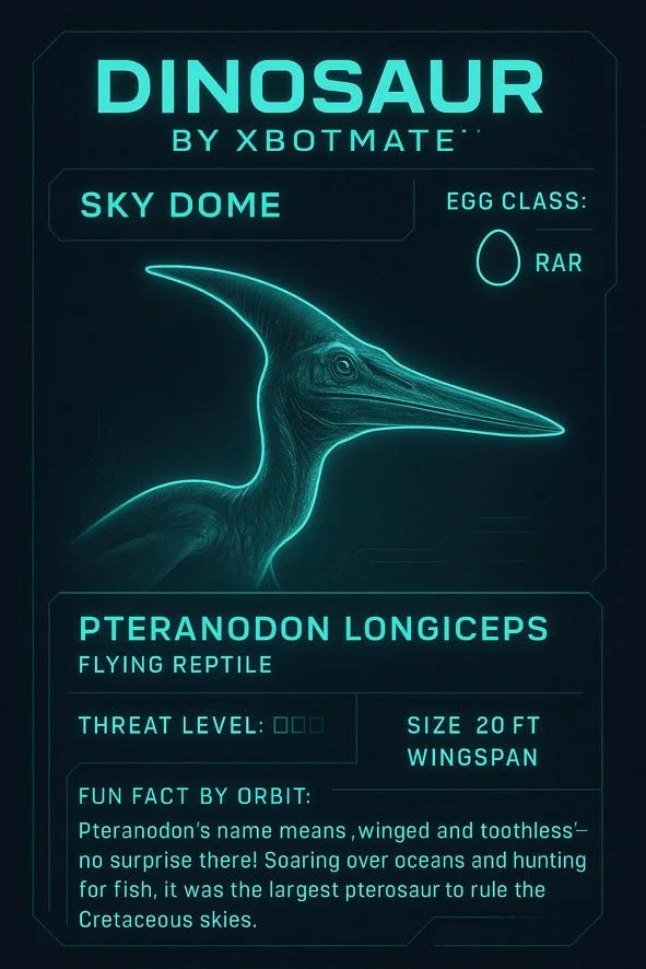 Illustration of Pteranodon Longiceps, a flying reptile from the Cretaceous period, with a digital info card displaying its scientific name, threat level, size, egg class, and a fun fact about its wingspan and hunting habits.