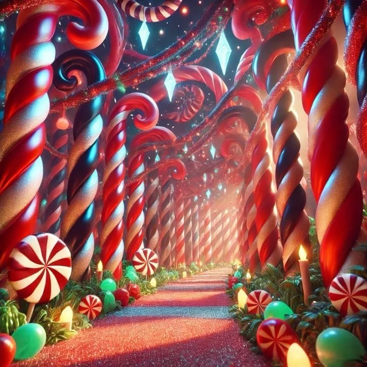 Fantasy candy forest pathway with giant candy canes, peppermint swirls, gumdrops, and festive decorations.