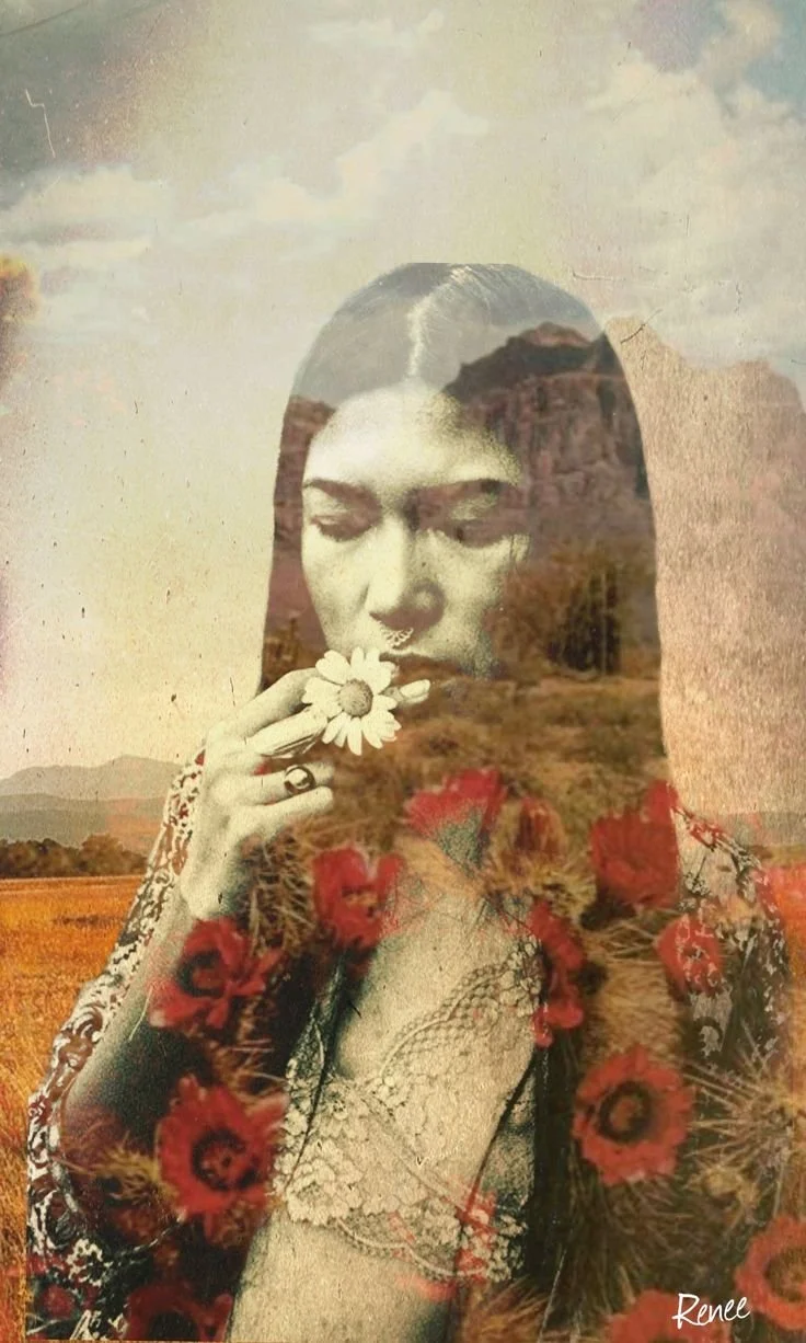 A double exposure image of a woman holding a daisy, with a landscape of flowers and mountains superimposed on her face and body.