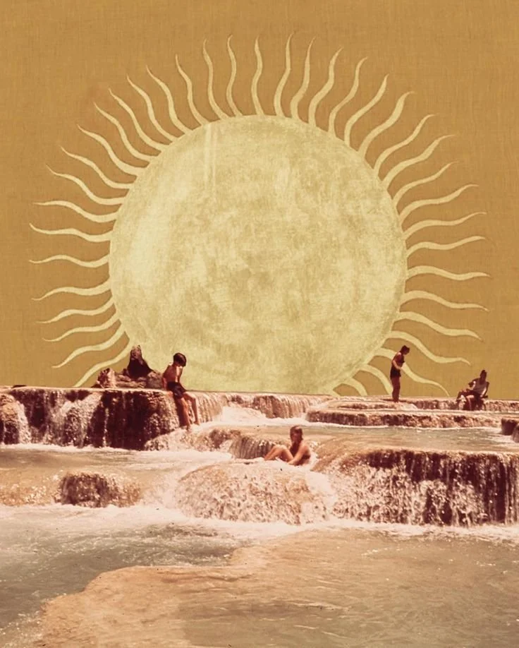 People are relaxing in a tiered waterfall pool with a large wall mural of a sun in the background.