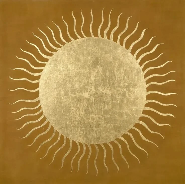 A gold-colored sun symbol with a large central circle and wavy rays radiating outward on a golden-brown background. Illuminate your soul as the star that you are. Book your life path reading now.