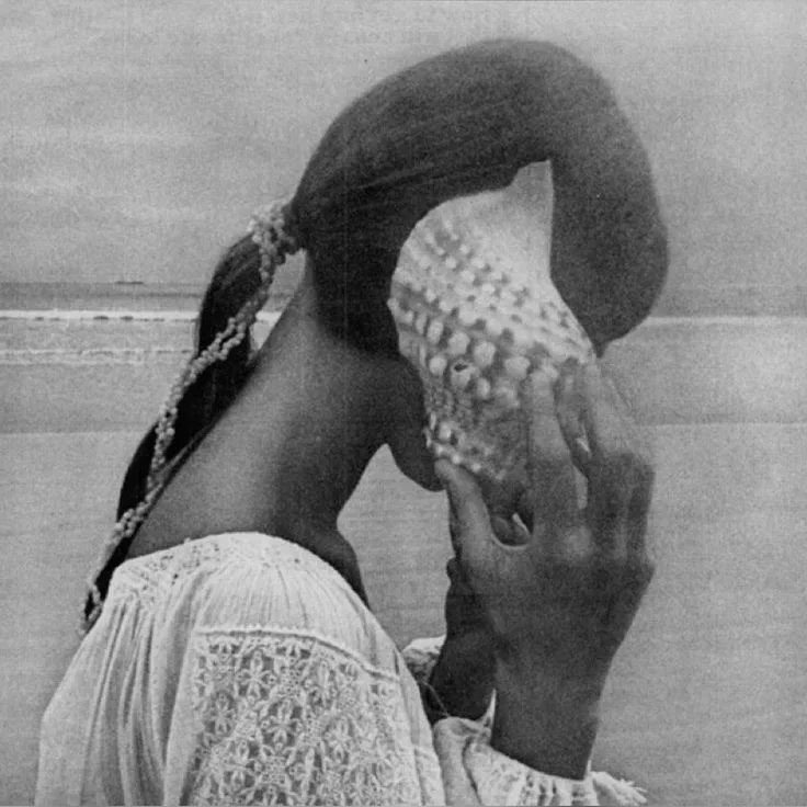 A woman with braided hair wearing a lace blouse holds what appears to be a shell or coral close to her face, with her head bowed and hand covering part of her face, at the beach.