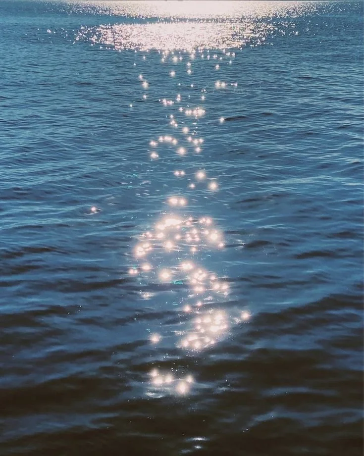 Sunlight reflecting off the ocean surface creating sparkling patterns, with the horizon visible in the distance.