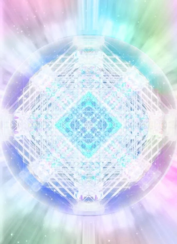 A symmetrical, geometric pattern resembling a complex, glowing, crystalline structure with pastel rainbow hues radiating outward.