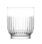A clear glass tumbler with vertical ridges.