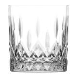 A clear, empty cut-glass tumbler glass.