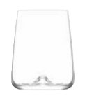 Empty clear glass tumbler on a white background.
