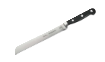 A kitchen knife with a black handle and a long, silver blade.