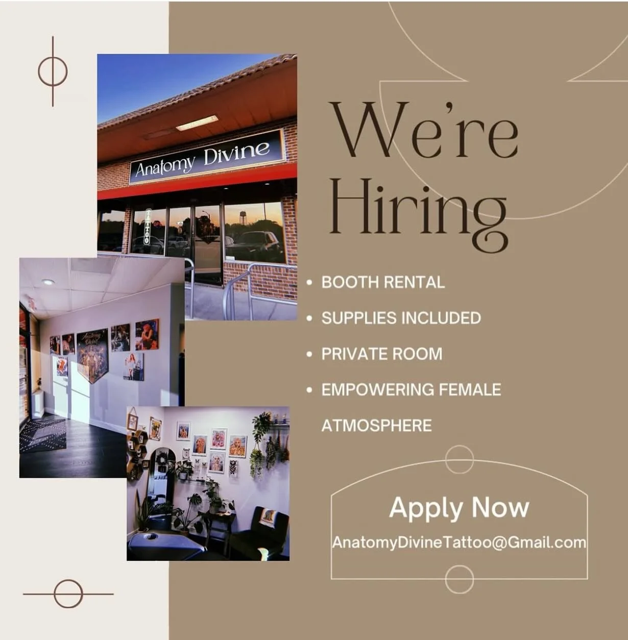 We are currently seeking a talented, full-time, experienced female tattoo artist to join our team at Anatomy Divine. At this time, we are not hiring apprentices. 

Located in Altamonte Springs Fl, Anatomy Divine has proudly served the community for 2
