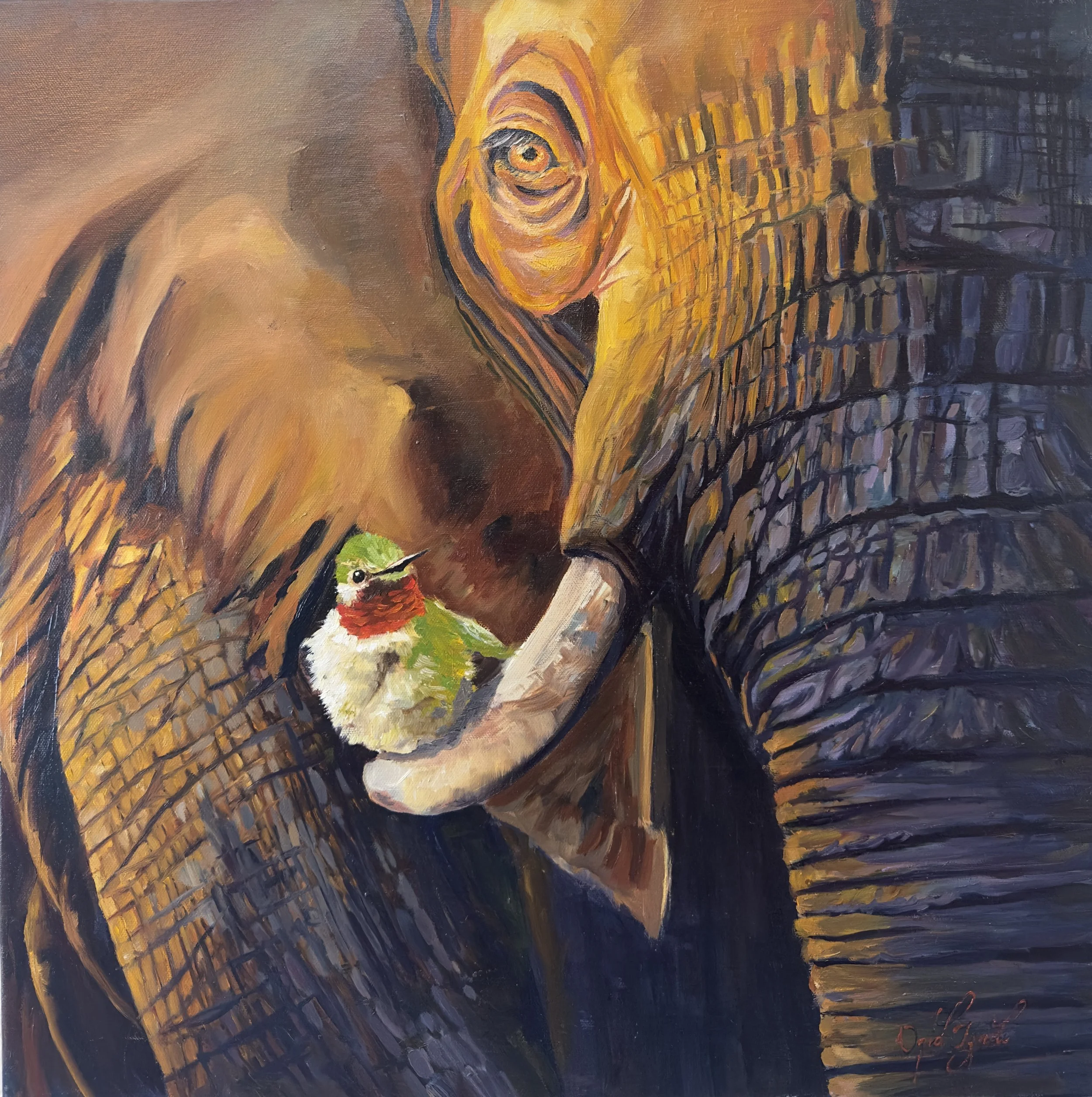 A colorful painting of an elephant hugging a hummingbird. The elephant is depicted with warm tones, and the hummingbird has vibrant green and red feathers.
