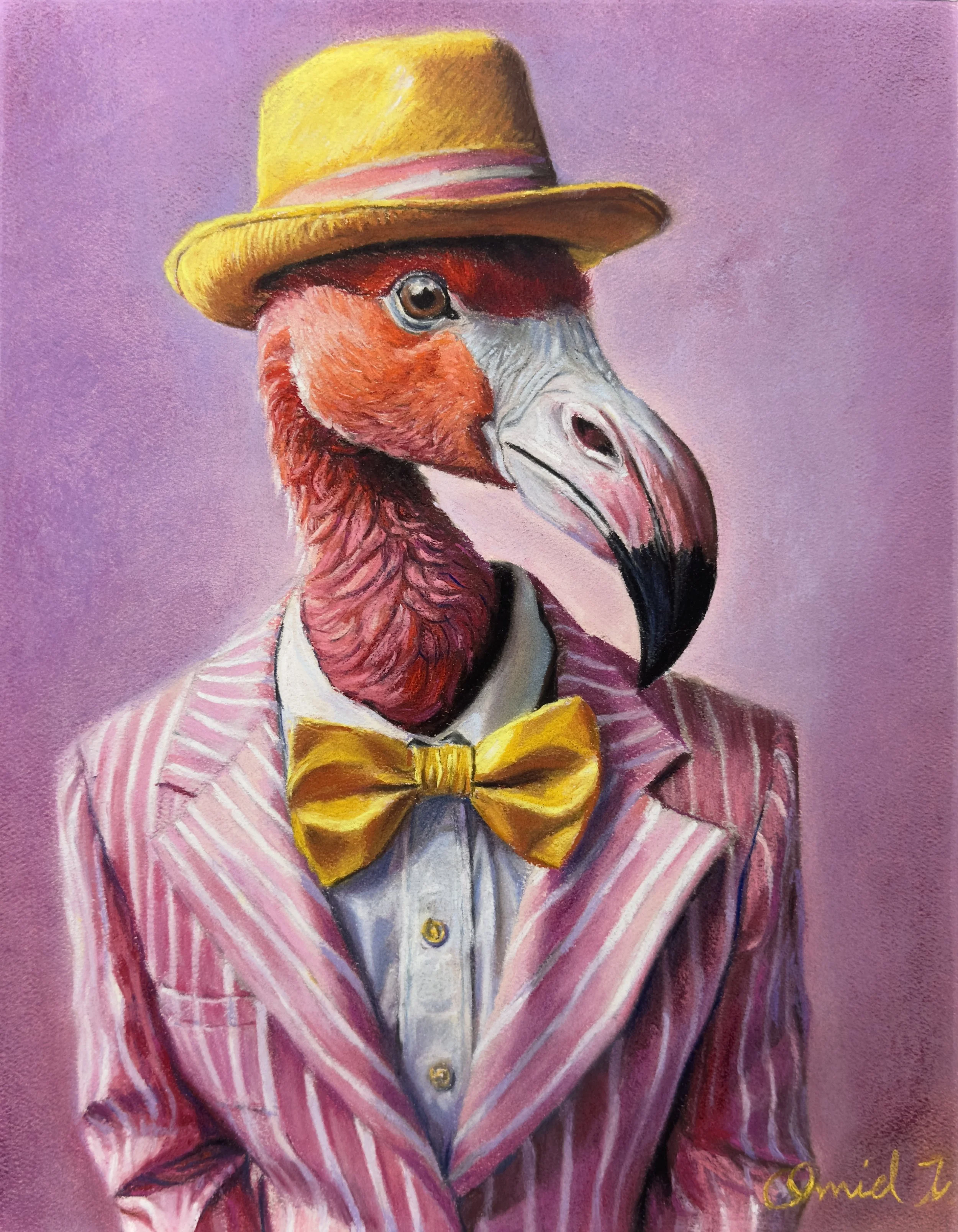 A painting of a person with a flamingo head, dressed in a pink and white striped suit, white shirt, and yellow bow tie, wearing a yellow hat with a pink band against a pink background.