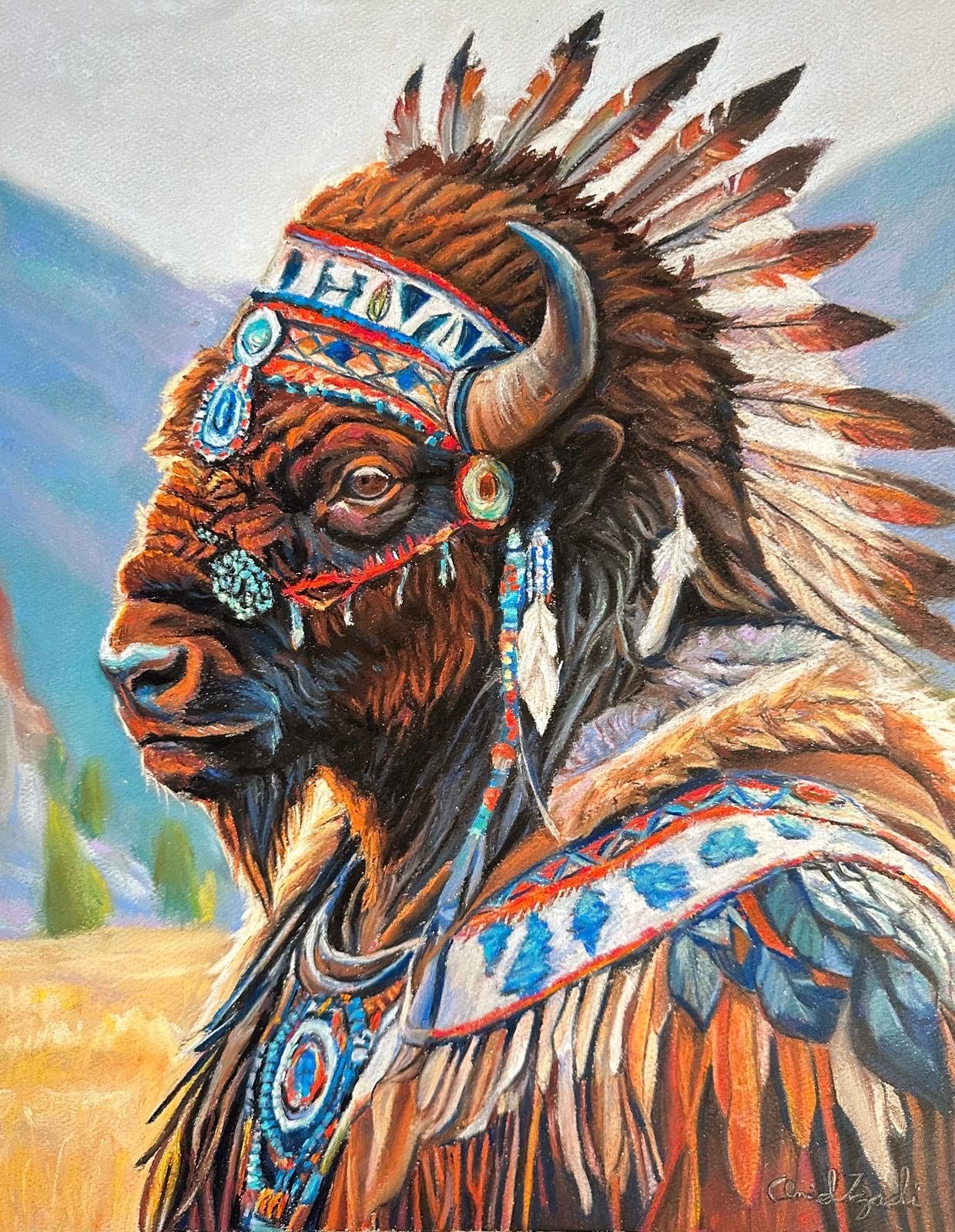 A colorful painting of a Native American buffalo head with traditional headdress and jewelry.