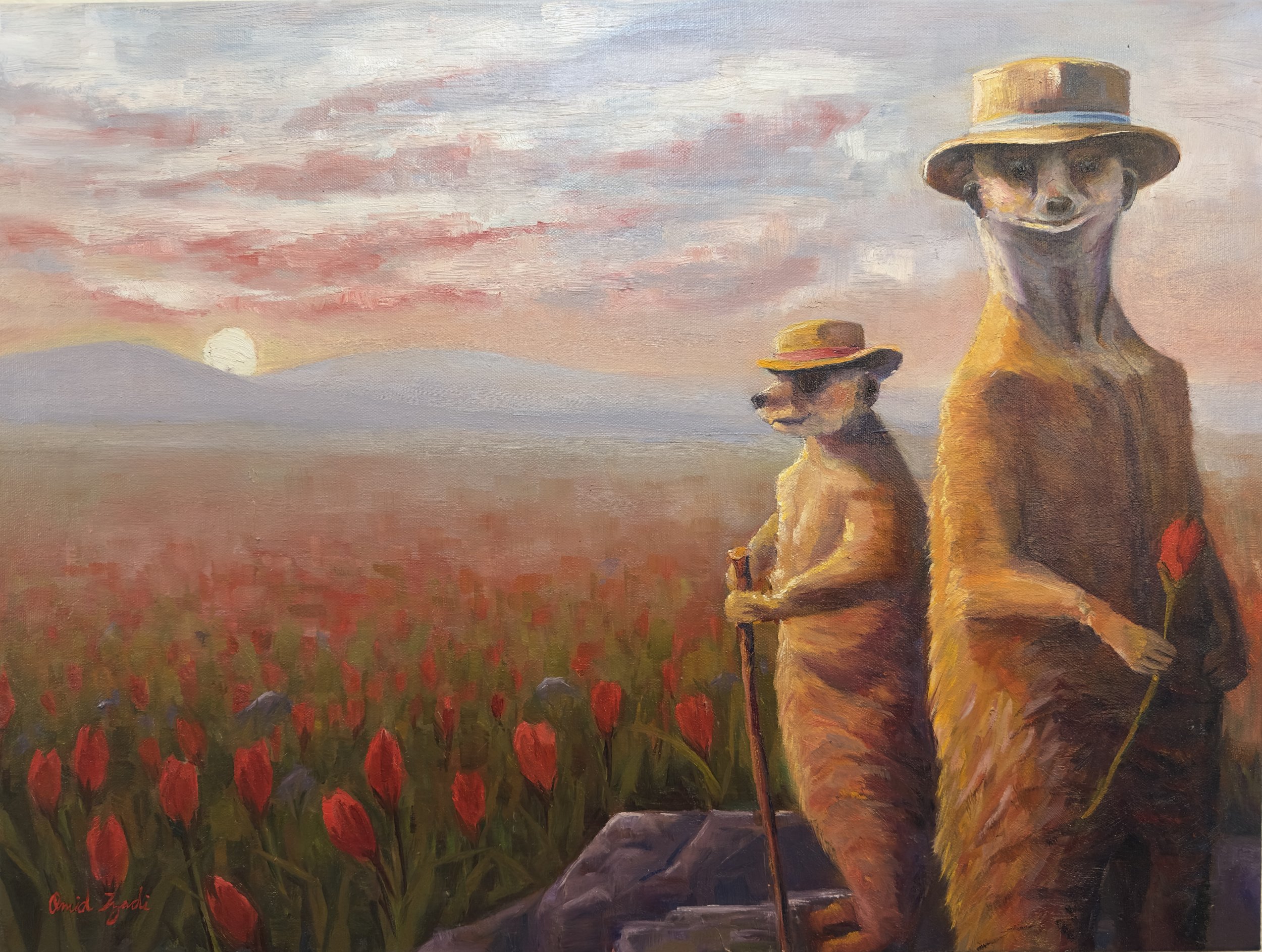 Painting of two dogs dressed in clothing, standing in a field of red flowers at sunset. The taller dog holds a red flower, and the shorter dog has a walking stick. Both wear straw hats.