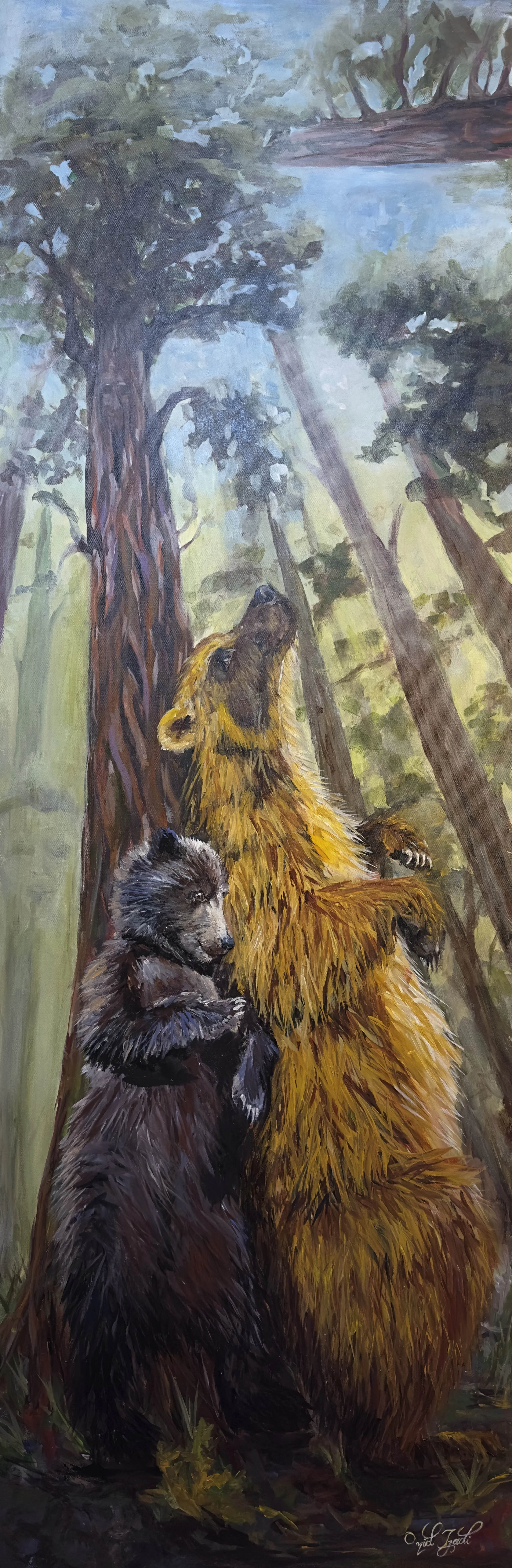 Painting of two bears, a cub and an adult, standing in a forest with tall trees and a cloudy sky.