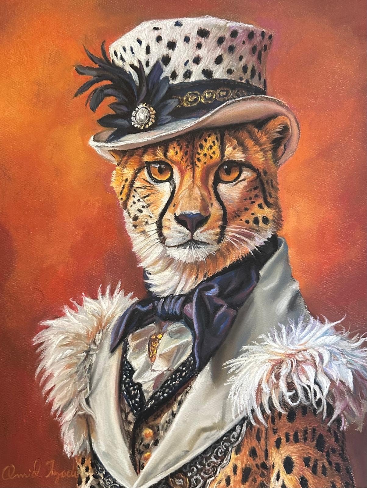 Painting of a cheetah wearing a vintage-style outfit, including a hat decorated with a feather and a brooch, with a scarf and a coat with fur trim, set against a warm orange background.