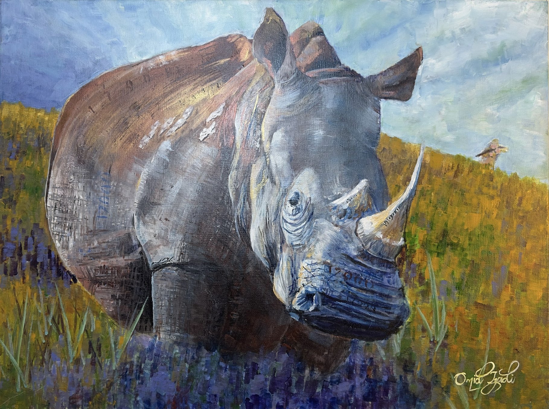 A painting of a rhinoceros standing in a grassy field with a blue sky background, signed by Omid Zadi.