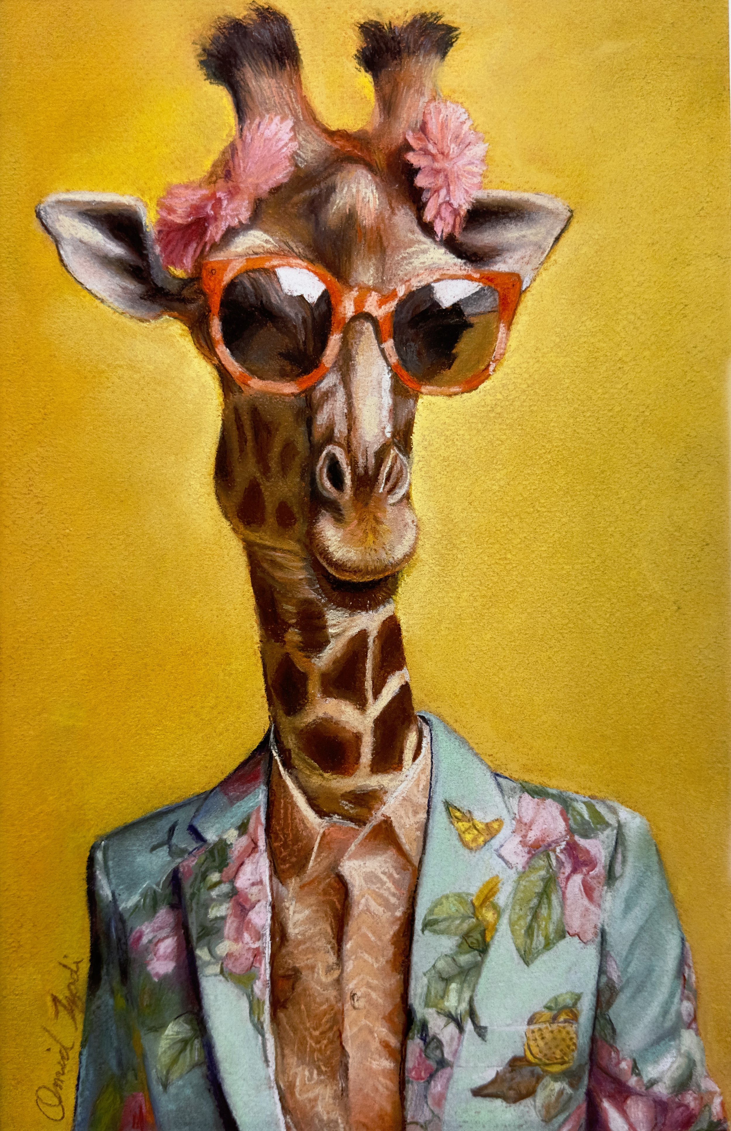 A painting of a giraffe wearing sunglasses and a tropical floral blazer against a yellow background.