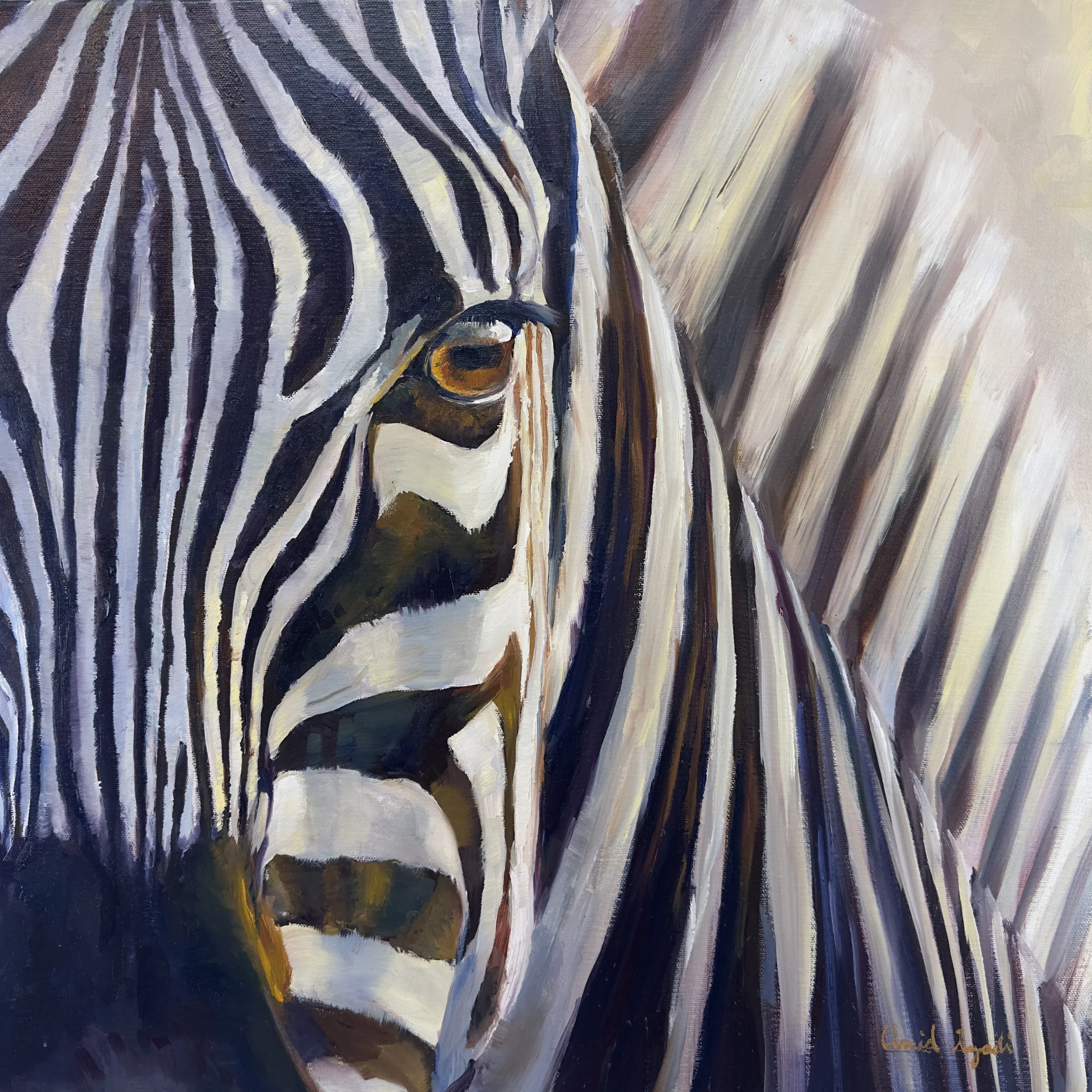 A painting of a zebra's face and neck with detailed black and white stripes, with a background of grey and beige streaks.
