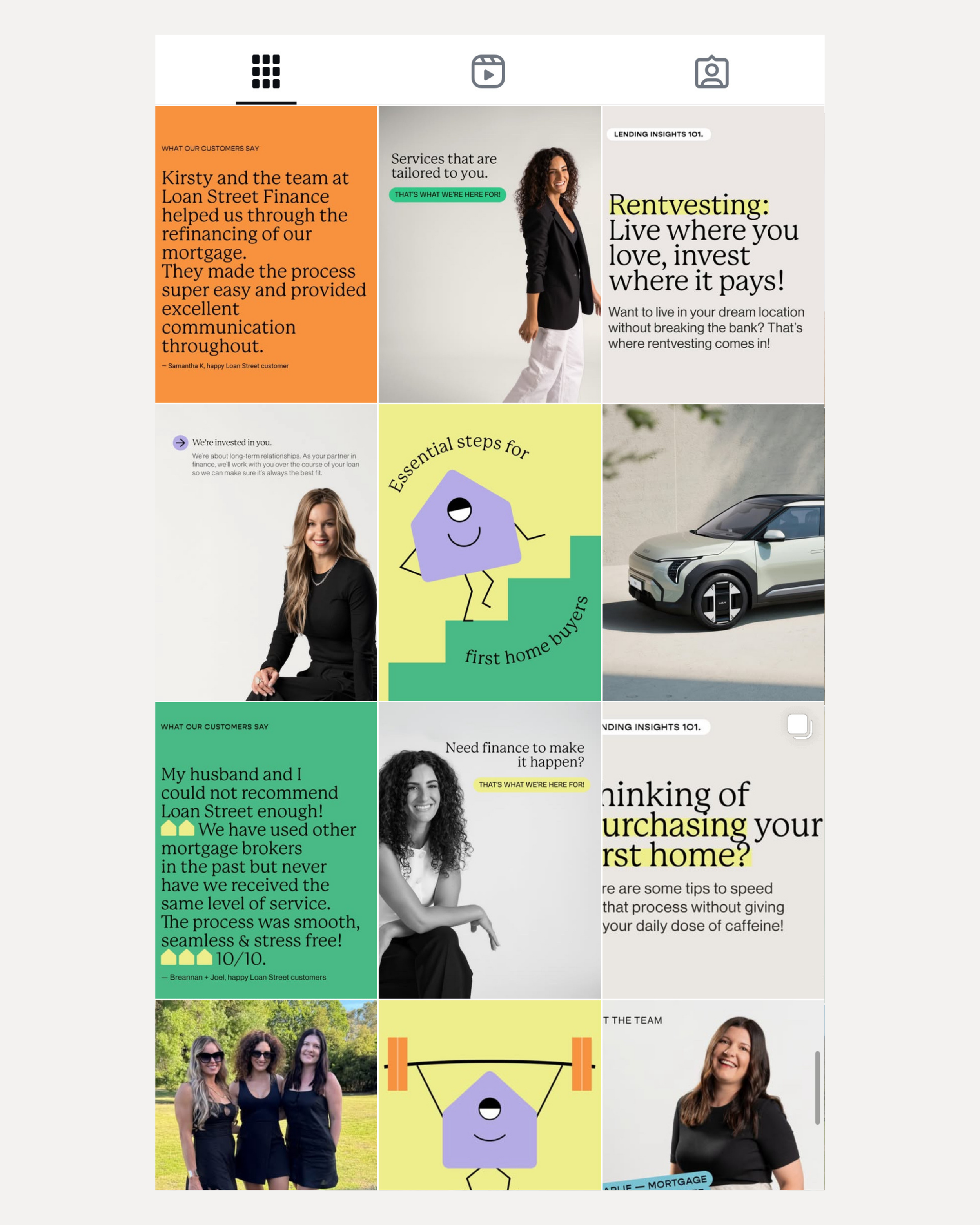 Collage of finance-related promotional images and testimonials, featuring text about mortgage services, financial advice, and customer reviews. Includes images of diverse people, animated characters, and a car.