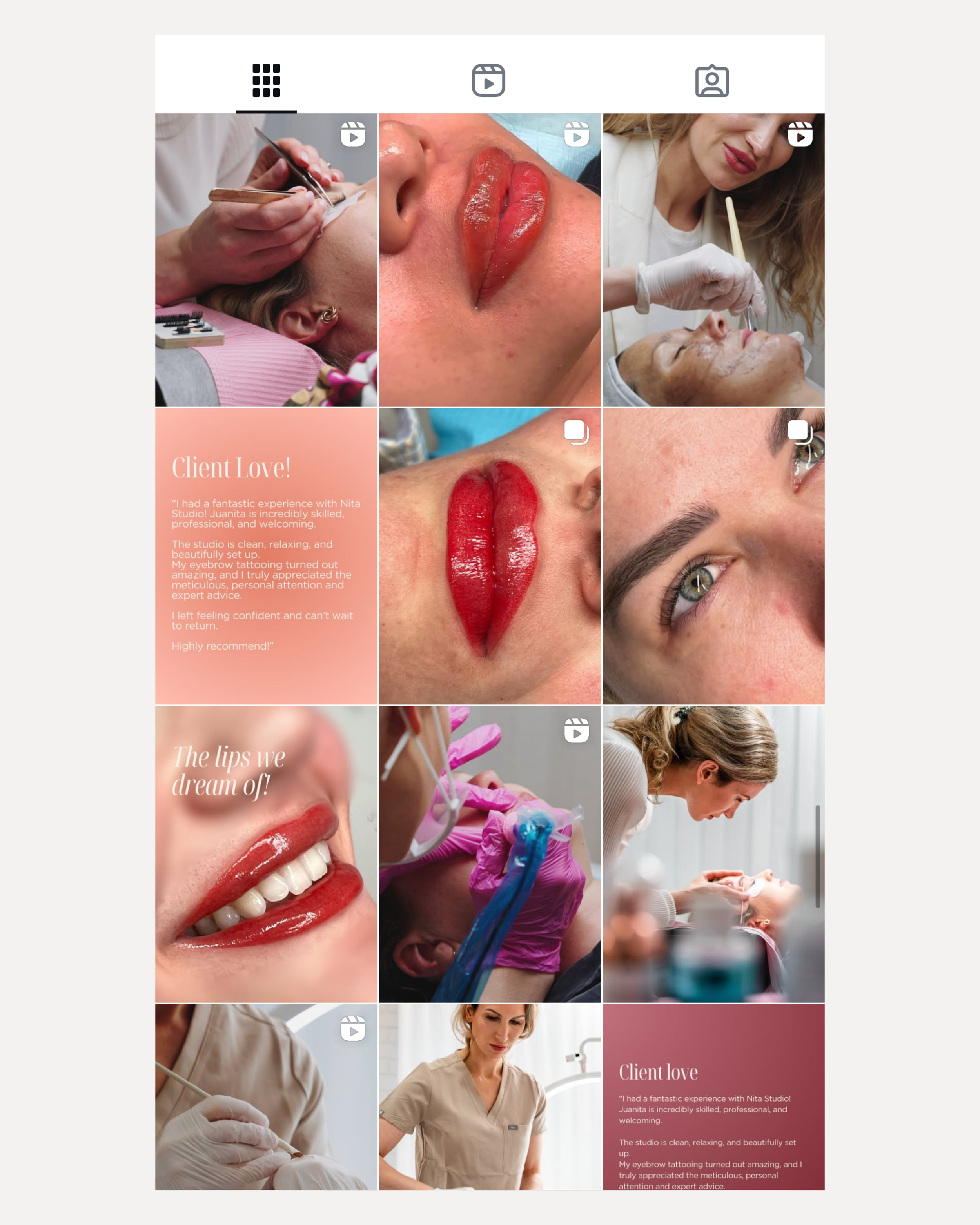 A collage of social media images featuring beauty treatments such as eyebrow and lip tattooing, with close-ups of glossy red lips and perfectly shaped eyebrows, alongside testimonials praising the services.