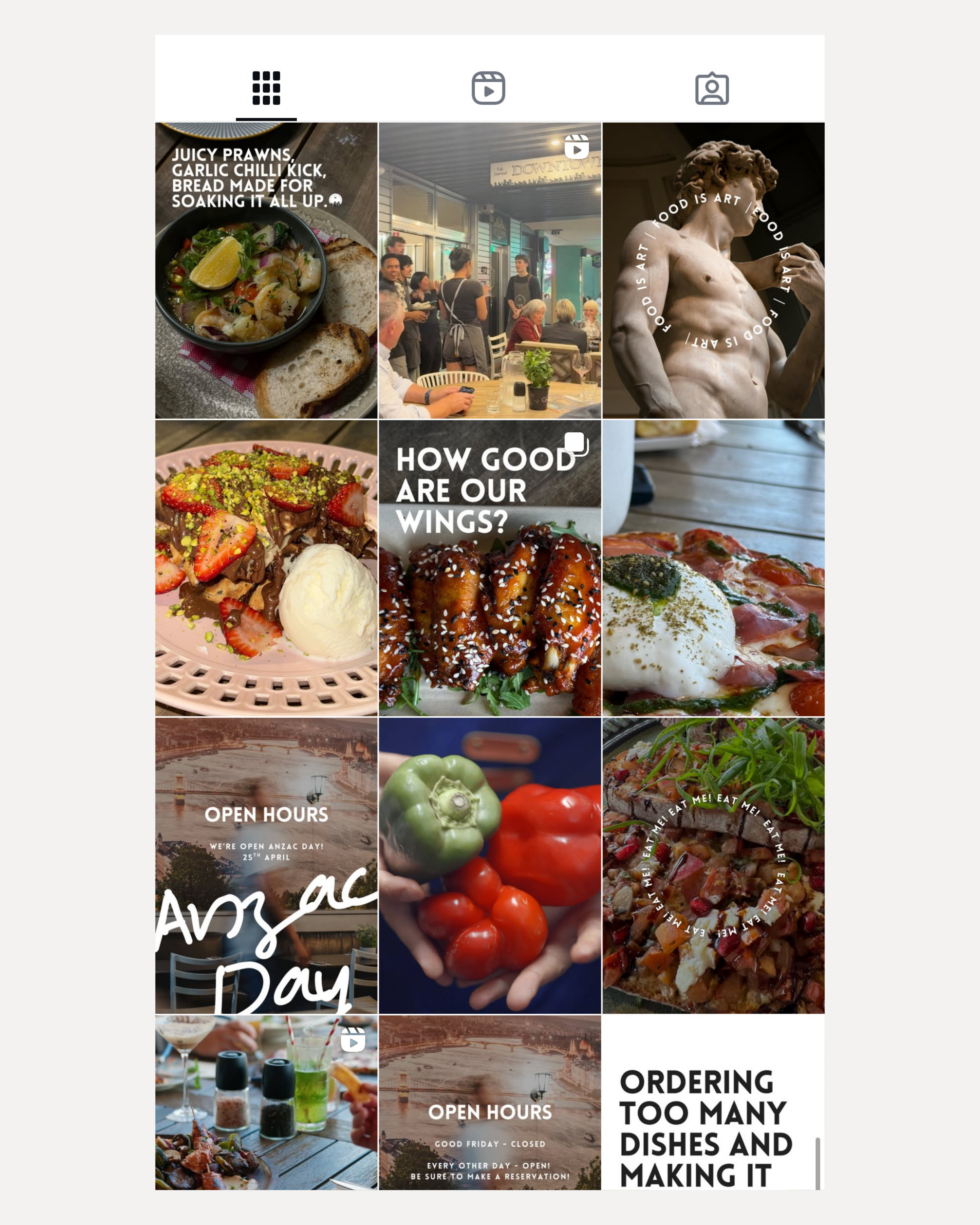 A food-focused Instagram grid featuring images of juicy prawns with garlic, outdoor dining, statues, wings with sesame seeds, desserts, a plate with tomato and mozzarella, a sign of open hours, hands holding bell peppers, a plate of mixed food, and t
